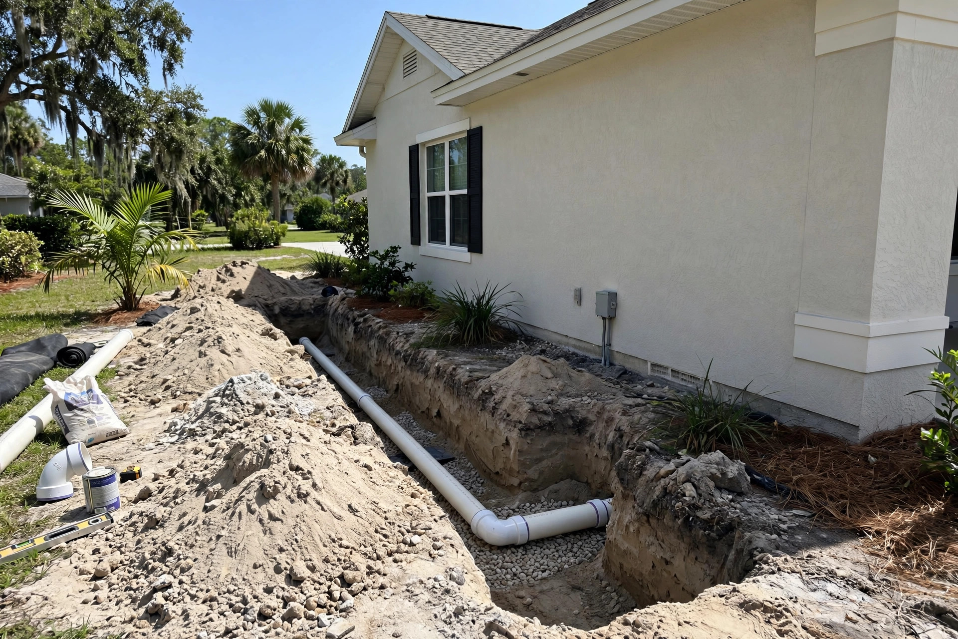 New PVC drain pipe being installed in a trench at a Vero Beach FL home