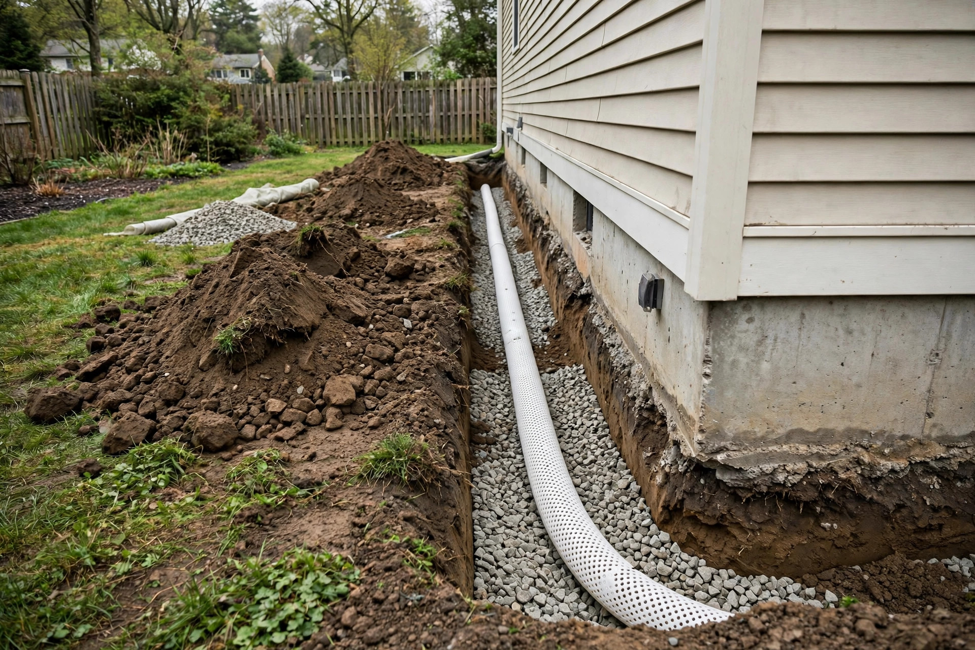 French drain with gravel and perforated pipe installed for yard drainage in Vero Beach FL