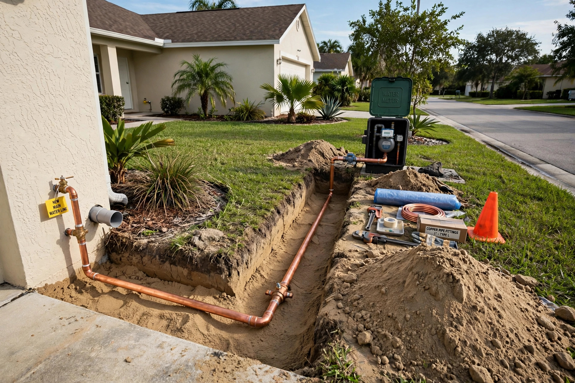 Main water line replacement with new pipe in a trench at a Vero Beach FL home