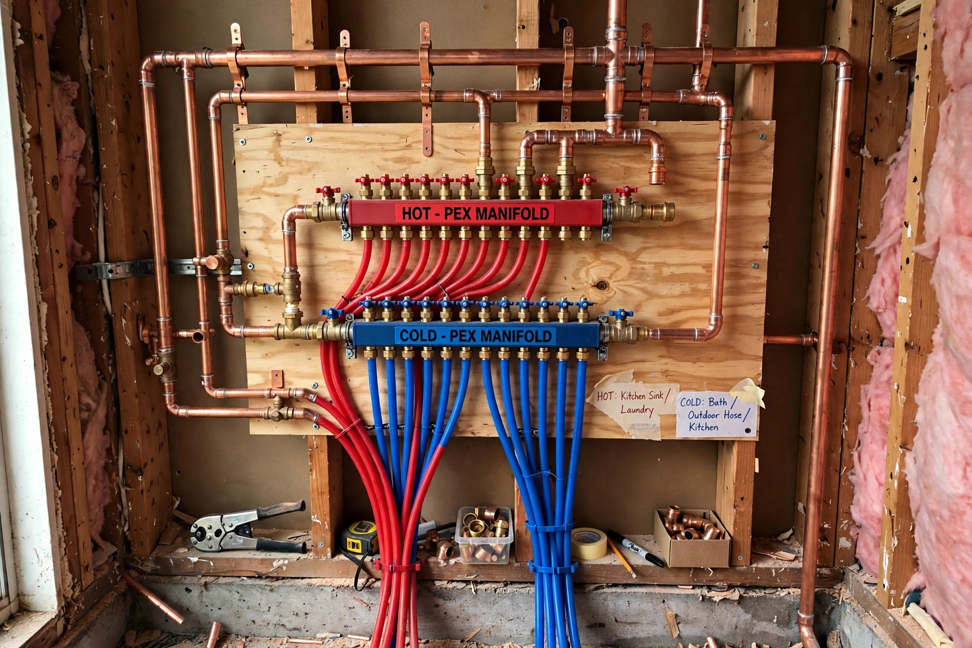New copper and PEX piping installed during a repipe in a Vero Beach FL home
