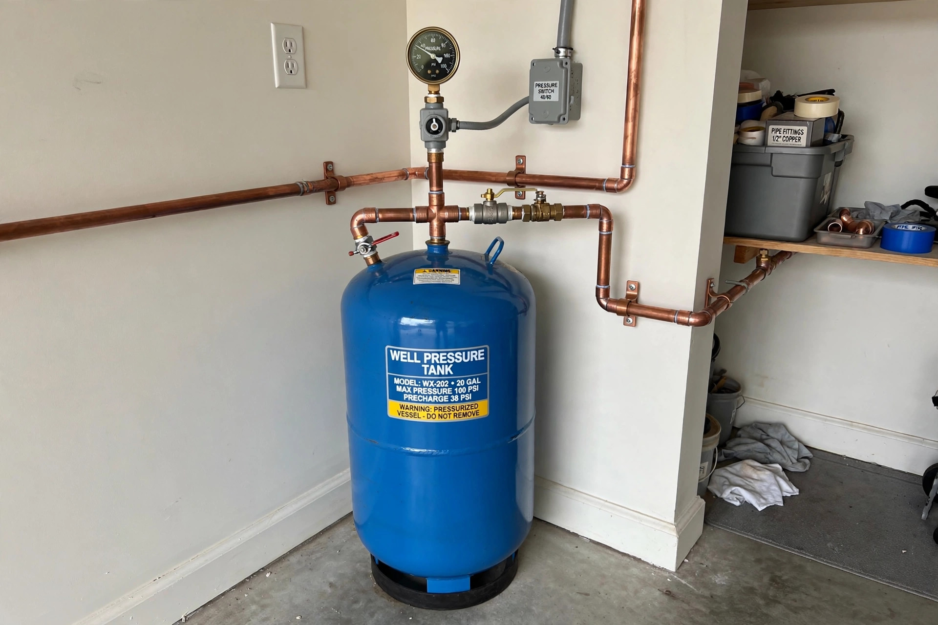 New blue well pressure tank installed with piping in a Vero Beach FL home