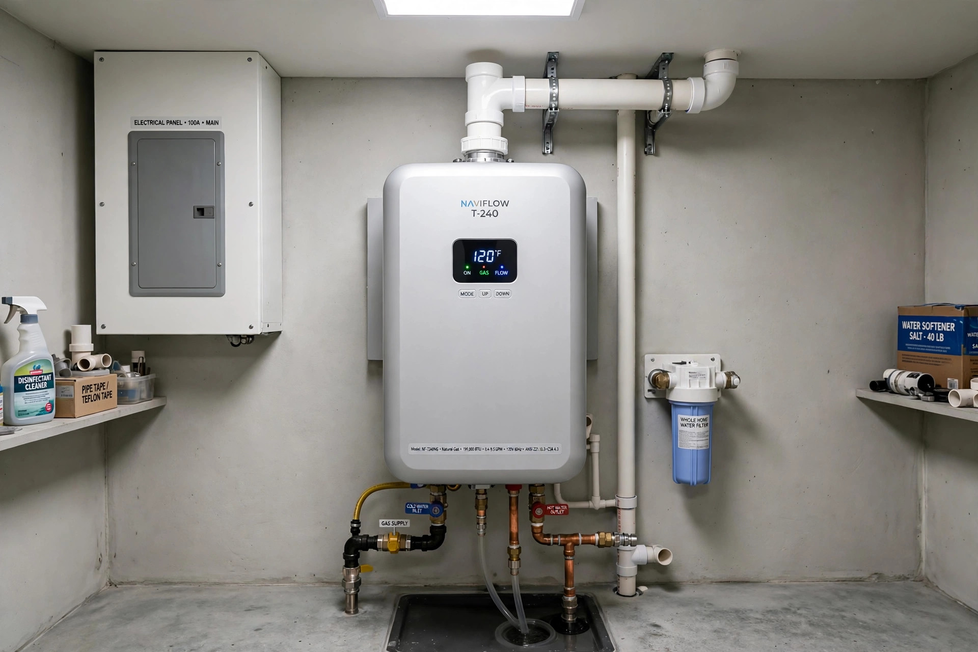 Wall-mounted tankless water heater installed in a Vero Beach FL utility room