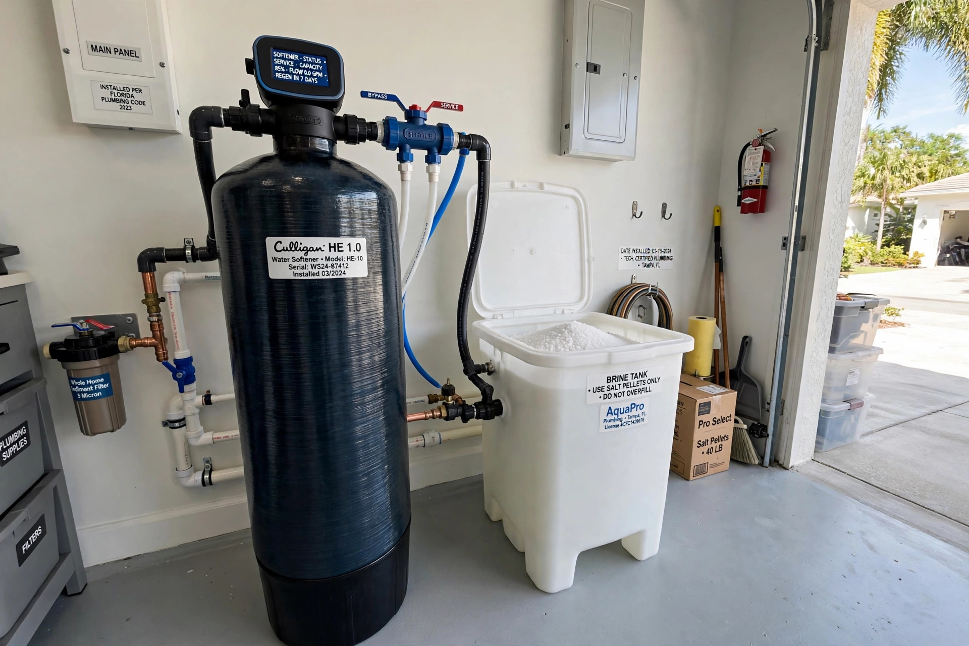 Water softener system with brine tank installed in a Vero Beach FL garage